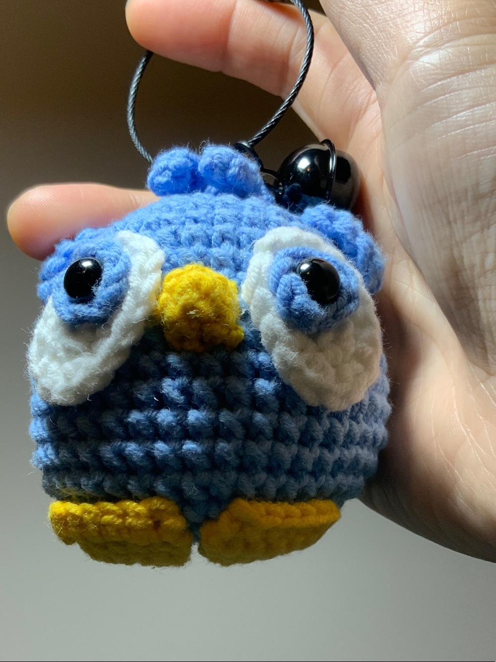 Handmade Blue Crochet Bird Keychain with Yellow Beak and Feet
